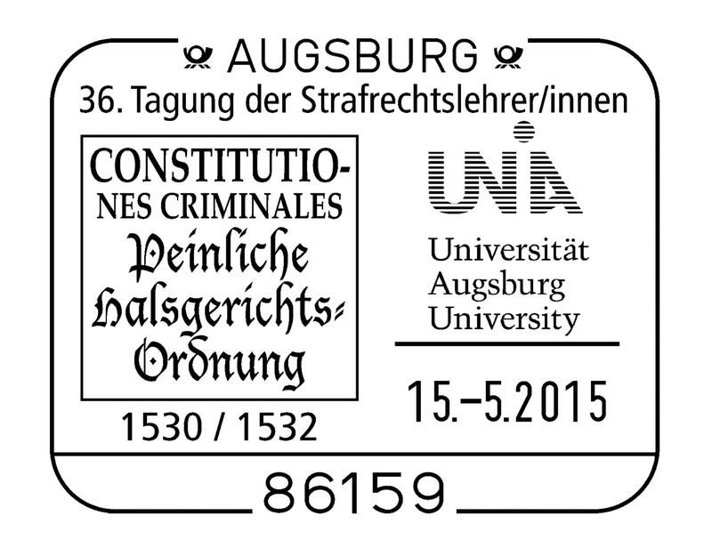 Der Sonderstempel zeigt stilisiert einen Ausriss aus dem Titelblatt der Constitutio Criminalis Carolina.