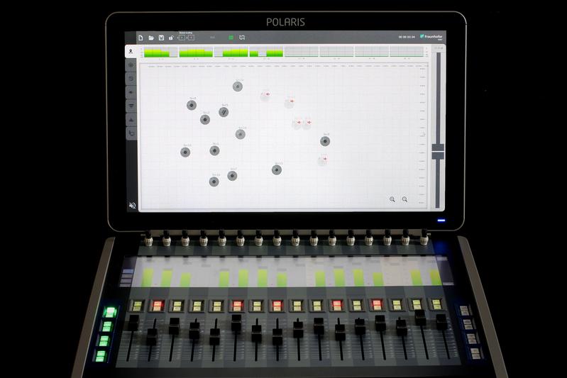The new Salzbrenner Polaris Evolution mixing console with integrated SpatialSound Wave technology by Fraunhofer IDMT allows object oriented sound reproduction.