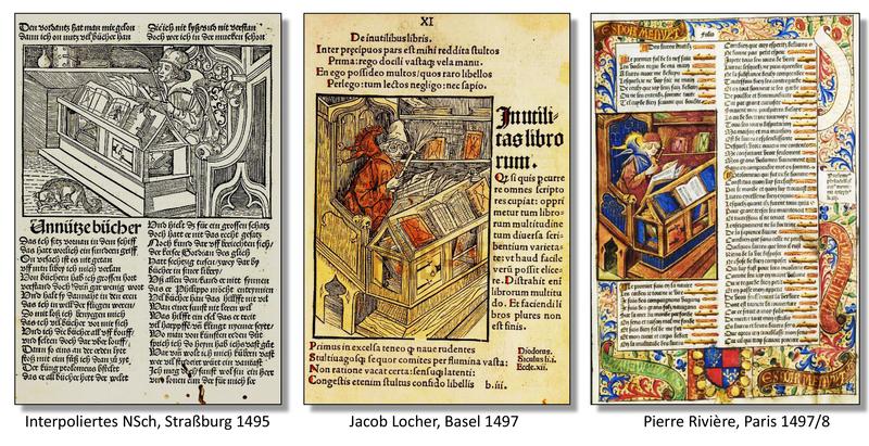 Deutsche, lateinische und französische Bearbeitungen des Büchernarren aus Narrenschiff-Ausgaben vor 1500.