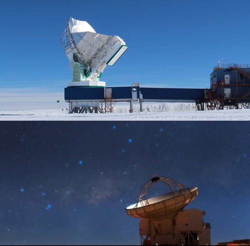The 10-meter radio telescope at the South Pole (top) and the Atacama Pathfinder Experiment in Chile (bottom). The baseline for the VLBI experiment with both telescopes is approximately 7,000 km. 