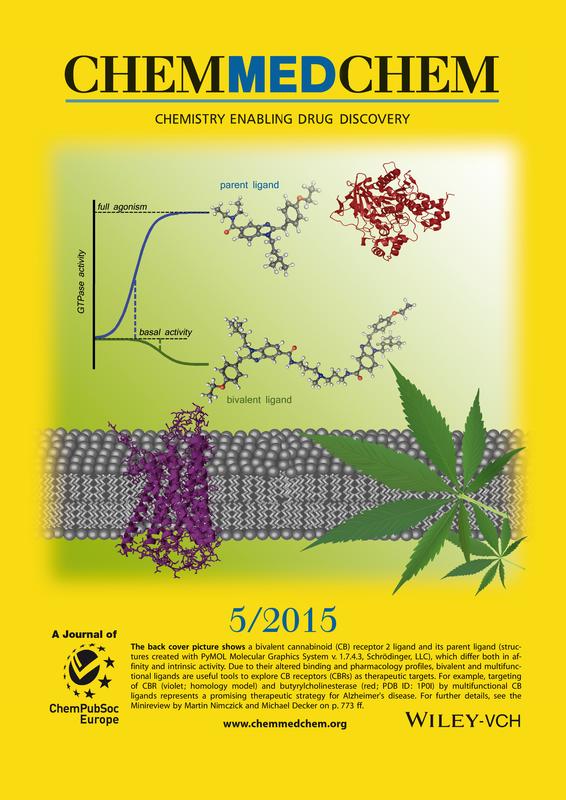 Die Titelseite des Journals „ChemMedChem“ zeigt ein Molekül, das in Würzburg synthetisiert wurde, und seine Wirkung auf Cannabinoid-Rezeptoren. 