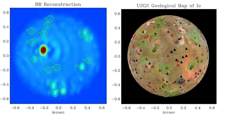 Jupiter's moon Io seen by LBT (left) compared to a NASA satellite image (right). The Loki lava lake shows up as dark red region on the LBT image. The circles mark the volcanos in the LBT image. 