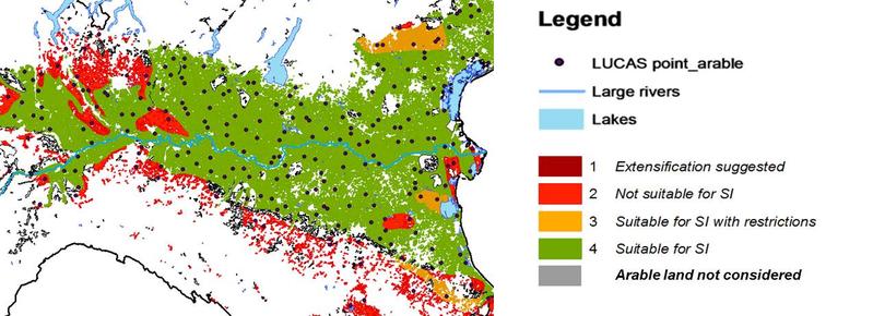 Potenzial der Böden für NI in den Flussniederungen des Po-Flusses (Lombardei/Italien). Viele der Flächen mit hohem Potenzial werden bereits seit mehreren Jahrzehnten intensiv genutzt.