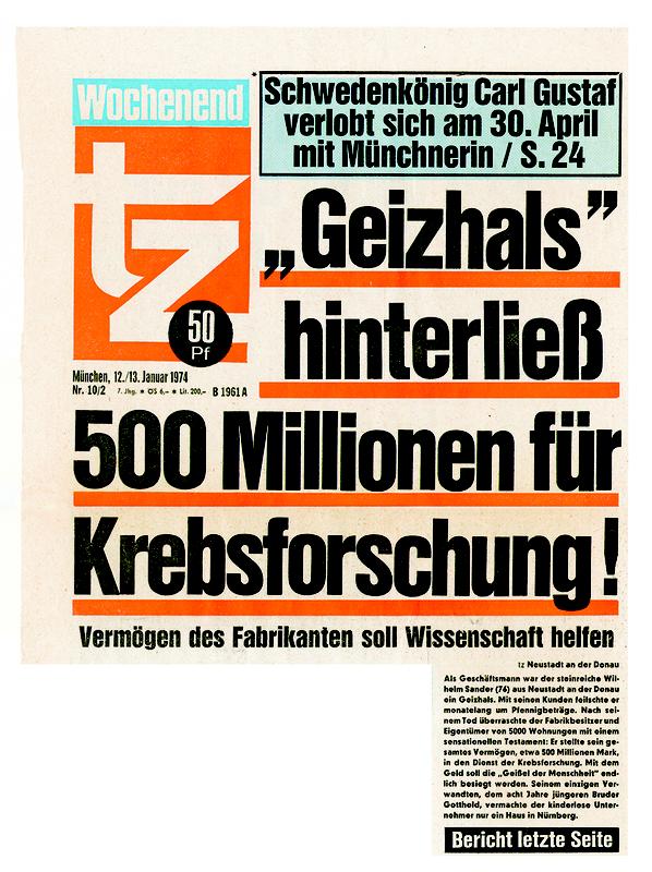 Große Schlagzeile: Die Münchner TZ nimmt das Vermächtnis Wilhelm Sanders am 12.1.1974 aufs Titelblatt