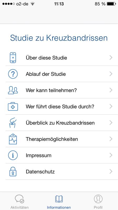 Ein übersichtliches App-Menü führt die Teilnehmer durch die Kreuzbandriss-Studie „Back on Track“ 