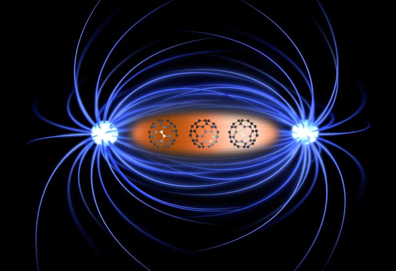 Künstlerische Darstellung des Forschungsergebnisses: Die Kombination mit Kohlenstoff-60-Molekülen (so genannten Fussballmolekülen) macht das eigentlich unmagnetische Kupfer magnetisch. 