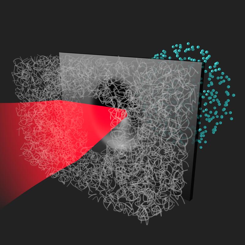 A laser beam shines on an ultrathin diamond-like carbon foil coated on one side with a layer of nanotubes. The impact of the laser beam ejects high-energy ions from the unc