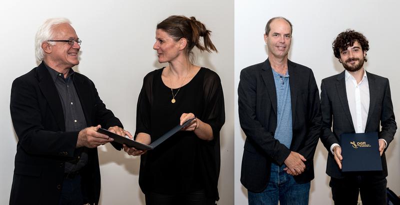 v.l.n.r:  Prof. Dr. Hans-Martin Jäck (Past-President DGfI) mit der Preisträgerin Dr. Katrin Busch und  Prof. Dr. Ari Waisman mit dem Preisträger Dr. Tilman Schneider-Hohendorf