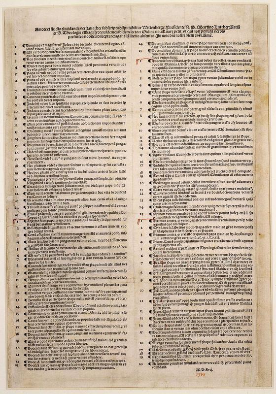 95Thesen.jpg = Plakatdruck der 95 Ablassthesen (Nürnberg, Hieronymus Höltzel, vor Ende 1517) 