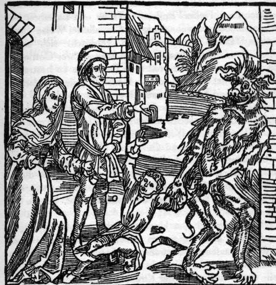 Der Teufel entreißt den Eltern ihr Kind, ein Holzschnitt von Albrecht Dürer aus dem Jahr 1493