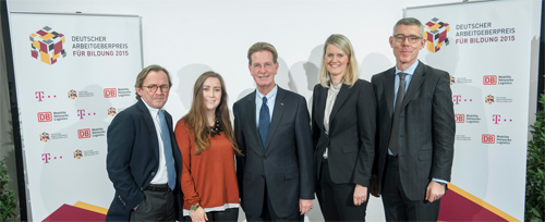(v.l.): Ulrich Weber (Deutsche Bahn), Nina Kluge (UDE), Dr. Gerhard F. Braun (BDA), Prof. Dr. Isabell van Ackeren (UDE) und Dr. Christian P. Illek (Deutsche Telekom)