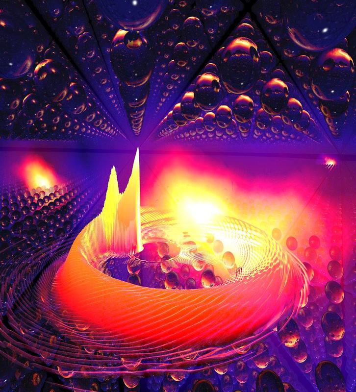 An eine nanometerdünne Halbleiterprobe wird ein Magnetfeld angelegt; Elektronen vollführen eine kreisförmige Bewegung. Durch einen Lichtblitz schaukelt sich die Welle zu einer Taumelbewegung auf.