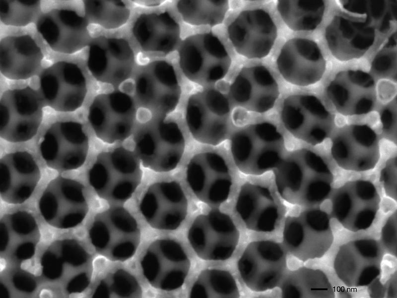 Elektronenmikroskopische Aufnahme der Germanium-Struktur nach Herauslösen der polymeren Template