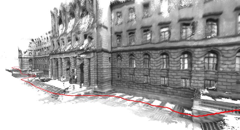 3D-Modell des ETH-Hauptgebäudes. Um es zu erstellen, bewegte sich der Benutzer auf der hier rot dargestellten Linie. Dieses Bild wurde mit zusätzlichen Offline-Berechnungsschritten optimiert.