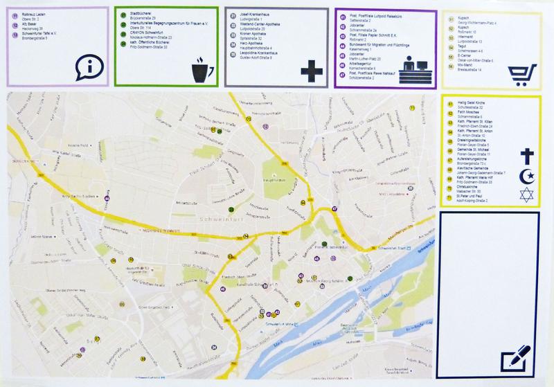 Mit den Symbolen können auch ohne deutsche Sprachkenntnisse Anlaufstellen in einer neuen Umgebung auf dem Stadtplan gefunden werden. 