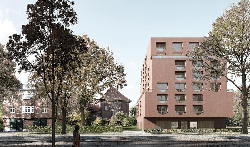 Internationales Apartmenthaus der Universität Hamburg, 1. Preisträger Planungswettbewerb:  Buchner Bründler Architekten BSA/SIA, Basel (Straßenraumperspektive Feldbrunnenstrasse)