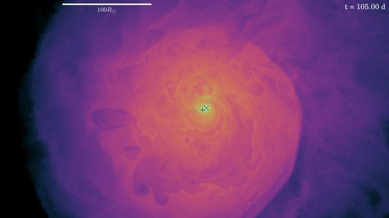 Schnitte durch das dreidimensionale Simulationsvolumen nach 105 Tagen in der gemeinsamen Hülle. In der orbitalen Ebene (Bild 1) umkreisen der  Begleitstern und der Riesenkern einander.