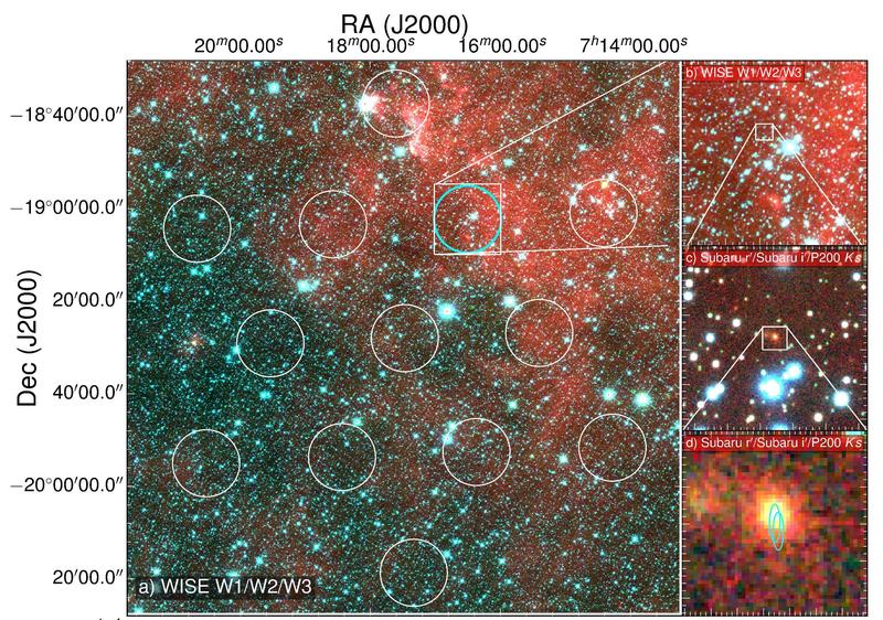 Links: Blickfeld der Beobachtungen mit dem Parkes-Radioteleskop. Rechts: Reihe von Ausschnittvergrößerungen mit optischem Bild der „Host-Galaxie“, aufgenommen vom Subaru-Teleskop, unten rechts. 