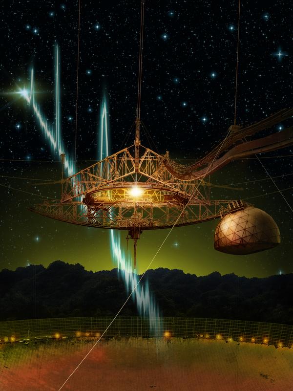 Das 305m-Arecibo-Radioteleskop, das erste Teleskop, mit dem ein wiederholter FRB-Ausbruch von derselben Quelle nachgewiesen werden konnte.