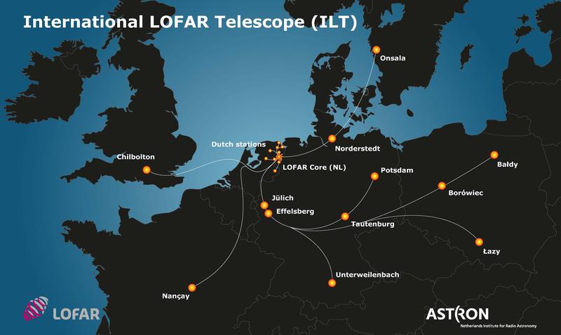 European antenna stations of the International LOFAR Telescope (ILT). The core station is near Exloo in the Netherlands; stations are in the Netherlands, Germany, Poland, UK, Sweden and France.