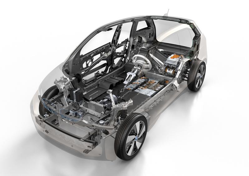 Hybridsysteme in d. automobilen Anwendg.: Der elektr. angetriebene BMW i3 mit Karosserie aus Kohlenstofffaser-Verbundwerkstoffen, geschweißtem Aluminiumrahmen + Kunststoffteilen in d. Außenhaut.