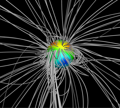 Computermodel der magnetischen Feldlinien auf Kappa Ceti als graue Linien, die aus der Oberfläche des Sterns kommen. 