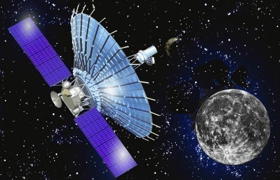 Künstlerische Darstellung des 10-m-Weltraum-Radioteleskops an Bord des russischen Spektr-R Satelliten, der die Weltraumkomponente des RadioAstron-Projekts darstellt.