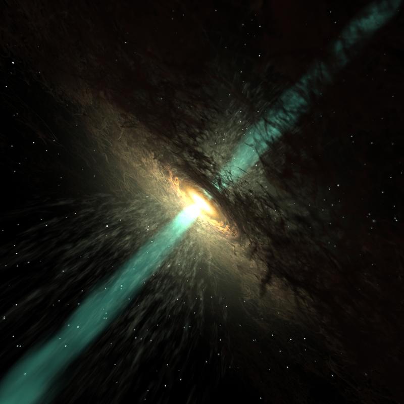 Künstlerische Darstellung eines Quasars: ein supermassereiches Schwarzes Loch im Zentrum wird von einer Materiescheibe “gefüttert”. Senkrecht dazu ein Jet mit fast lichtschneller Materie.
