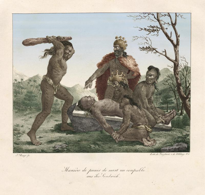 Tötung eines menschlichen Opfers. Gemälde von Jacques Arago, 1819. Coloriert durch Joseph Watts.