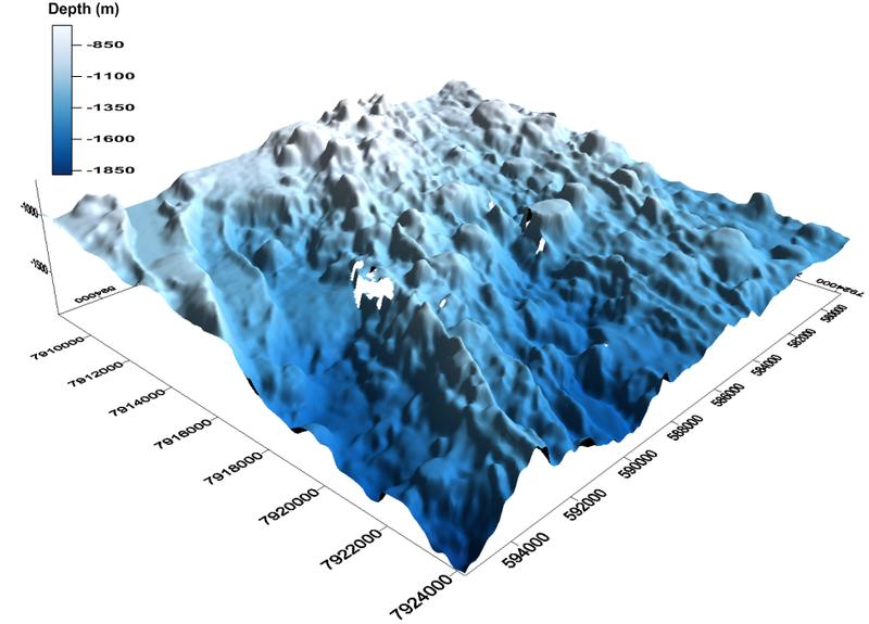 3-D Darstellung des Mittelatlantischen Rückens im Bereich der Kolbeinsey Ridge. 