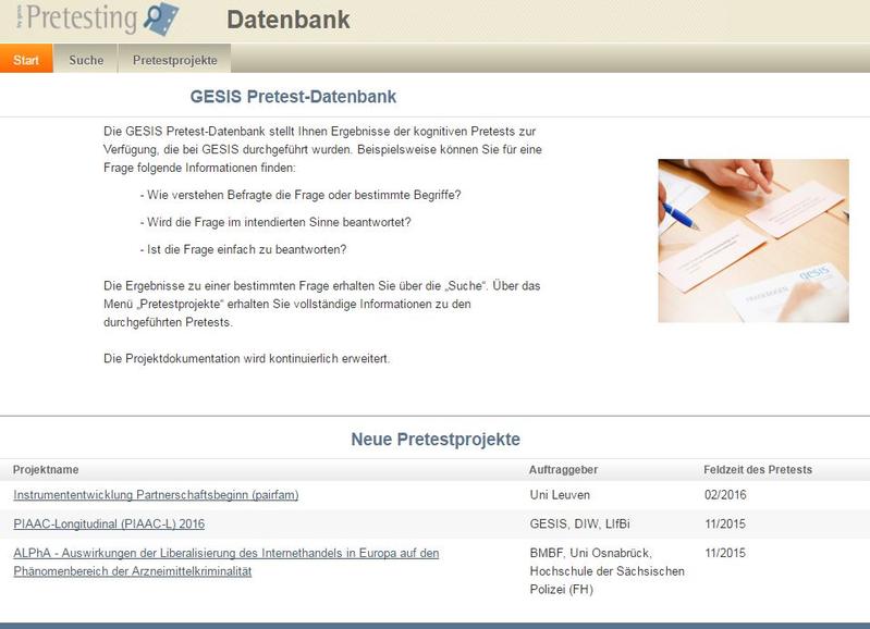 Screenshot der GESIS Pretest-Datenbank