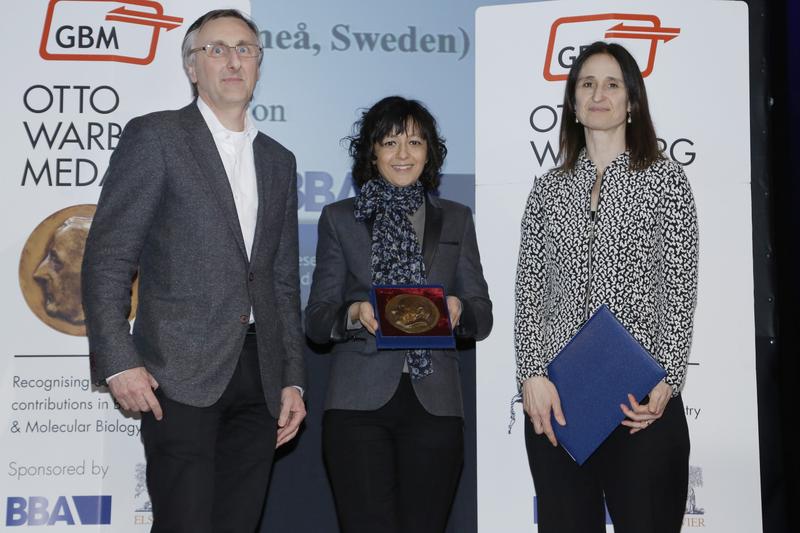 GBM Präsident Johannes Buchner überreicht gemeinsam mit Dolors Alsina von Elsevier/BBA (rechts) die Warburg Medaille an Emmanuelle Charpentier 