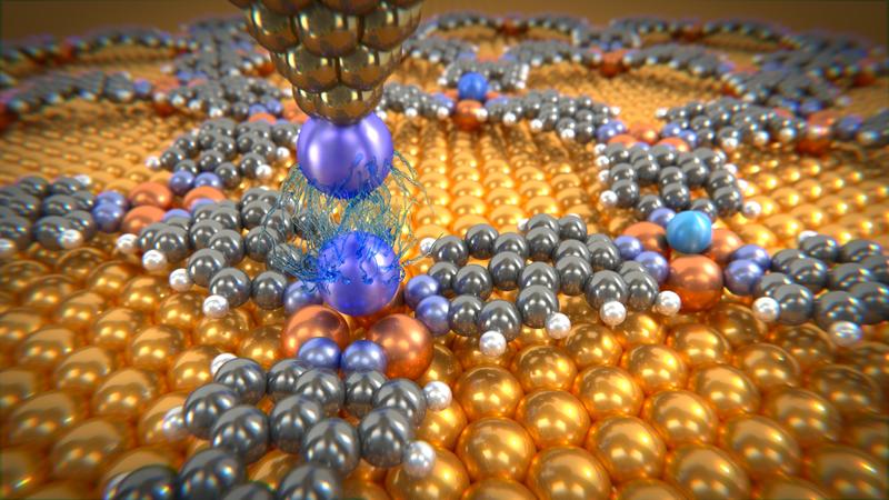 Mithilfe eines Tieftemperatur-Rasterkraftmikroskop mit einem einzelnen Xenonatom an der Spitze werden Van-der-Waals-Wechselwirkungen gemessen.