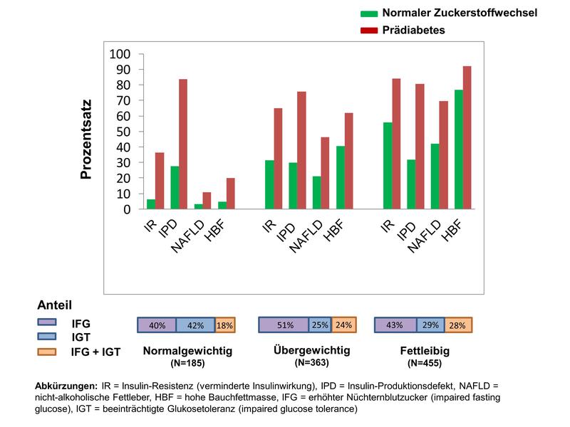 Anteil der Personen mit verminderter Insulinwirkung, verminderter Insulinproduktion, nicht-alkoholischer Fettleber und viszeraler Adipositas.