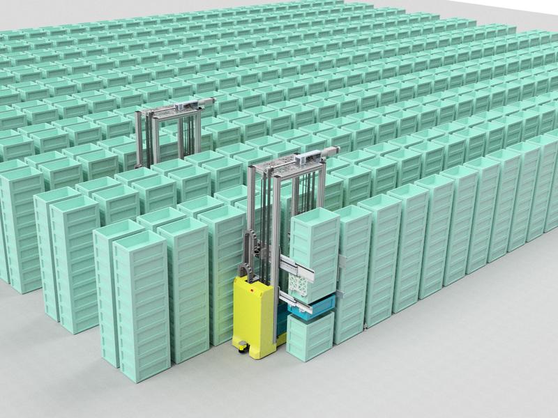 Mit dem Stapelbediengerät »Stack Access Machine« lassen sich einzelne Behälter künftig vollautomatisch aus aufgetürmten Stapeln herausnehmen.