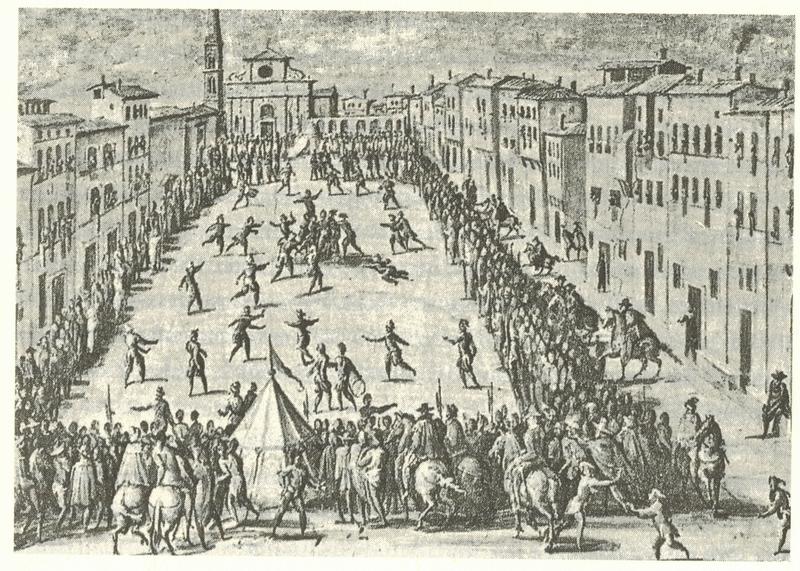 Fresco von Jan van der Straet: Calcio vor Santa Maria Novella, 1558 (Palazzo Vecchio, Florenz)
