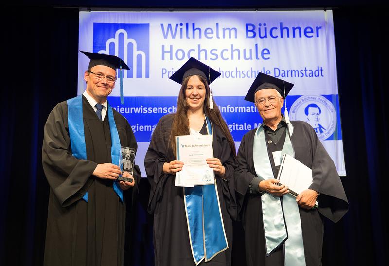 Übergabe Master-Award 2016: (v.l.) Prof. Dr. Jürgen Deicke, Präsident Wilhelm Büchner Hochschule, Dr.-Ing. Christine Jamin, Prof. Dr. Horst Geschka, Dozent Wilhelm Büchner Hochschule