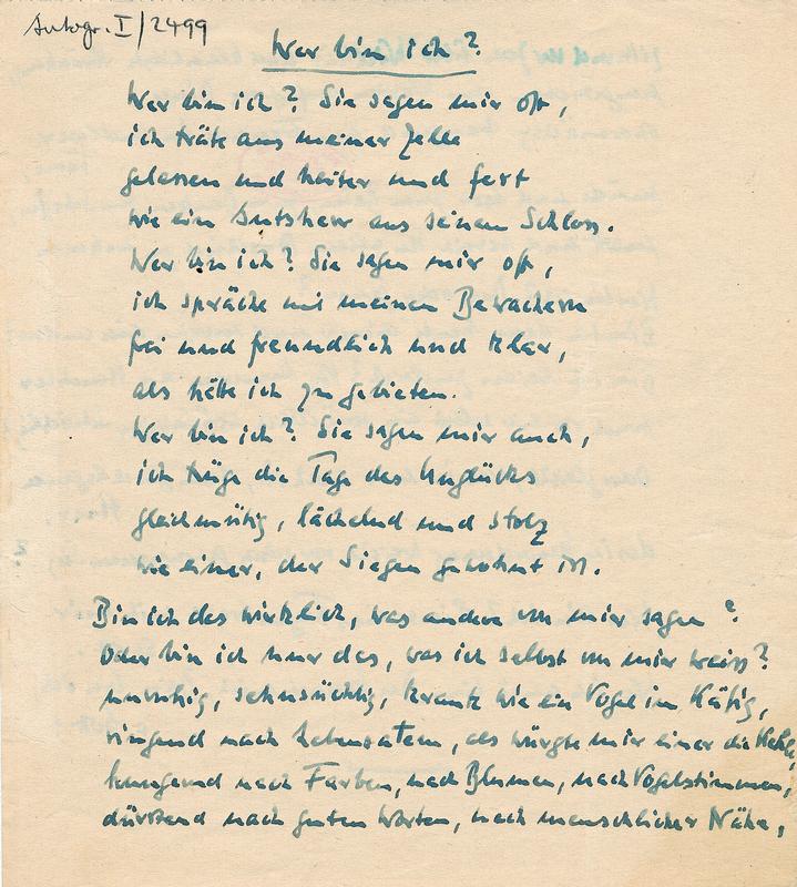 Erste Seite seines Gedichtes "Wer bin ich?", verfasst 1944 im Gefängnis Tegel