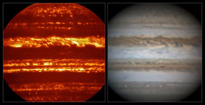 Vergleich einer VISIR-Aufnahme von Jupiter mit einer zeitgleich entstandenen Amateur-Aufnahme von Damian Peach im sichtbaren Licht