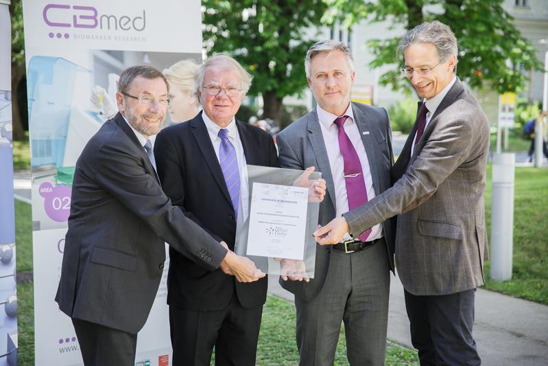 Pressekonferenz des CBmed Biomarkerforschungszentrums anlässlich der Eröffnung des neuen Core Labs an der Med Uni Wien (vnlr Wurm, Litton, Fasching, Pieber)