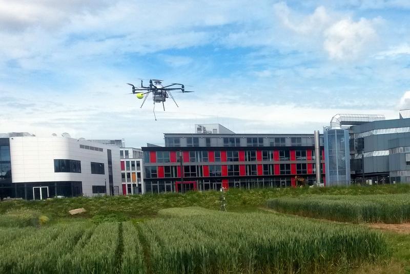 Die Drohne in Aktion: Sie nimmt Pflanzenbestände aus unterschiedlichen Höhen auf und liefert ortsgenaue Informationen über die Vitalität der Kulturen. 