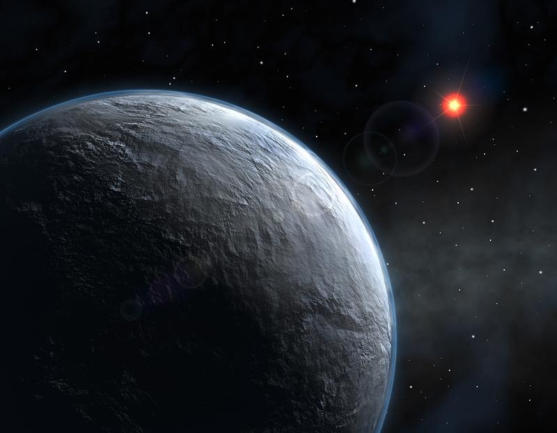  Darstellung eines erdähnlichen Exoplaneten mit Atmosphäre. 