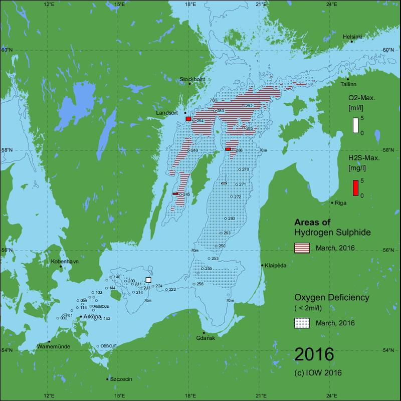 Ideal basis for various research issues: the IOW maps showing the distribution of oxygen minimum and hydrogen sulphide zones in the Baltic Sea, here - as an example - for March 2016