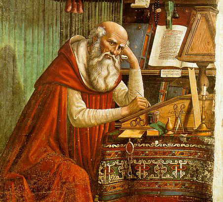 Saint Jerome, here on a fresco in the Ognissanti Church in Florence. Painting by Domenico Ghirlandaio, 1480. 