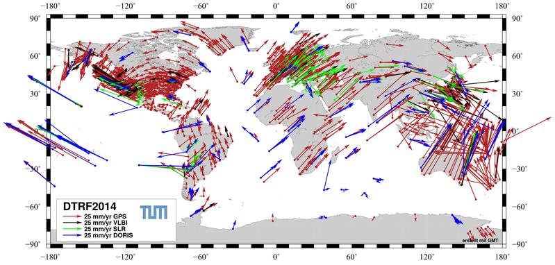 Vier verschiedene Messsysteme (dargestellt in unterschiedliche Farben) zeigen an, wohin und wie schnell die Kontinente wandern.