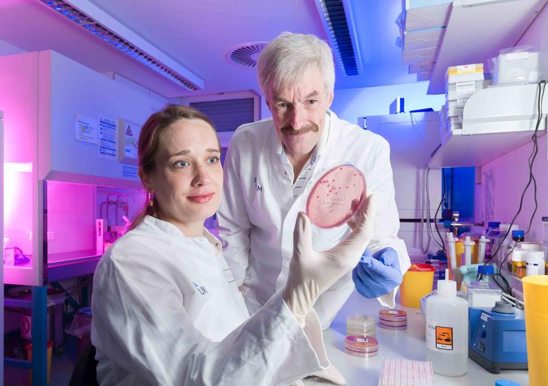 Die Mikrobiologen Dr. Jörg Wüllenweber und Dr. Franziska Schuler konnten in aufbewahrten Isolaten nun erstmals das Colistin-resistente mcr-1-Gen bei einer Patientenprobe aus dem Jahr 2012 nachweisen.