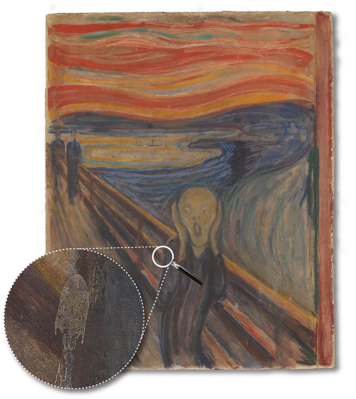 Auf dem "Schrei" von Edvard Munch finden sich mystriöse weiße Flecken (Lupe).