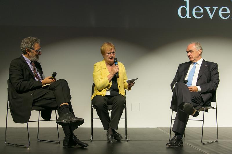 From left, Jonathan Rose, Tarja Halonen, and Pavel Kabat speak at the Plenary Session of the European Forum Alpbach Political Symposium on 30 August. 