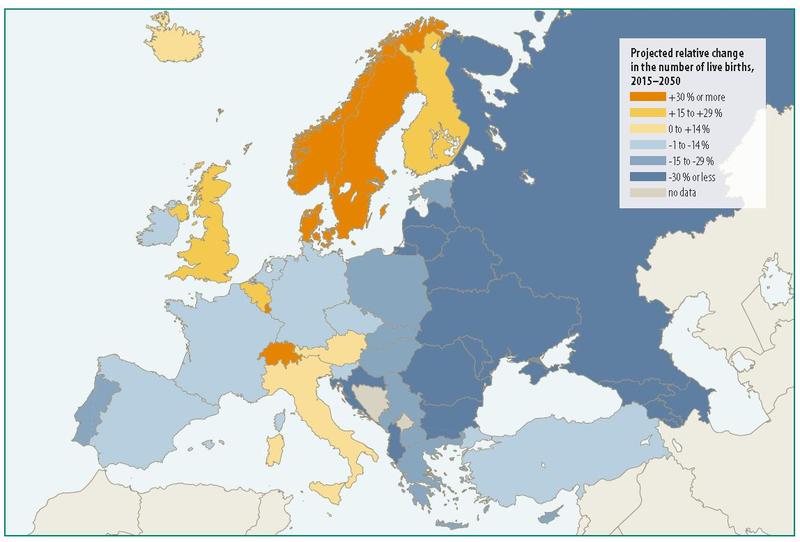 Change in number of live births in Europe, 2015-2050