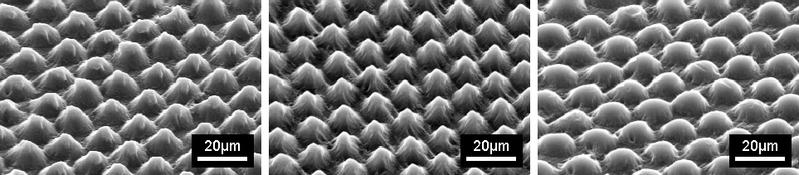 Abb. 1: Mikrostrukturierte Spritzguss gefertigte Polymerelemente; links: Polycarbonat (PC2805); rechts: Cyclic Olefin Copolymer (COC6017).